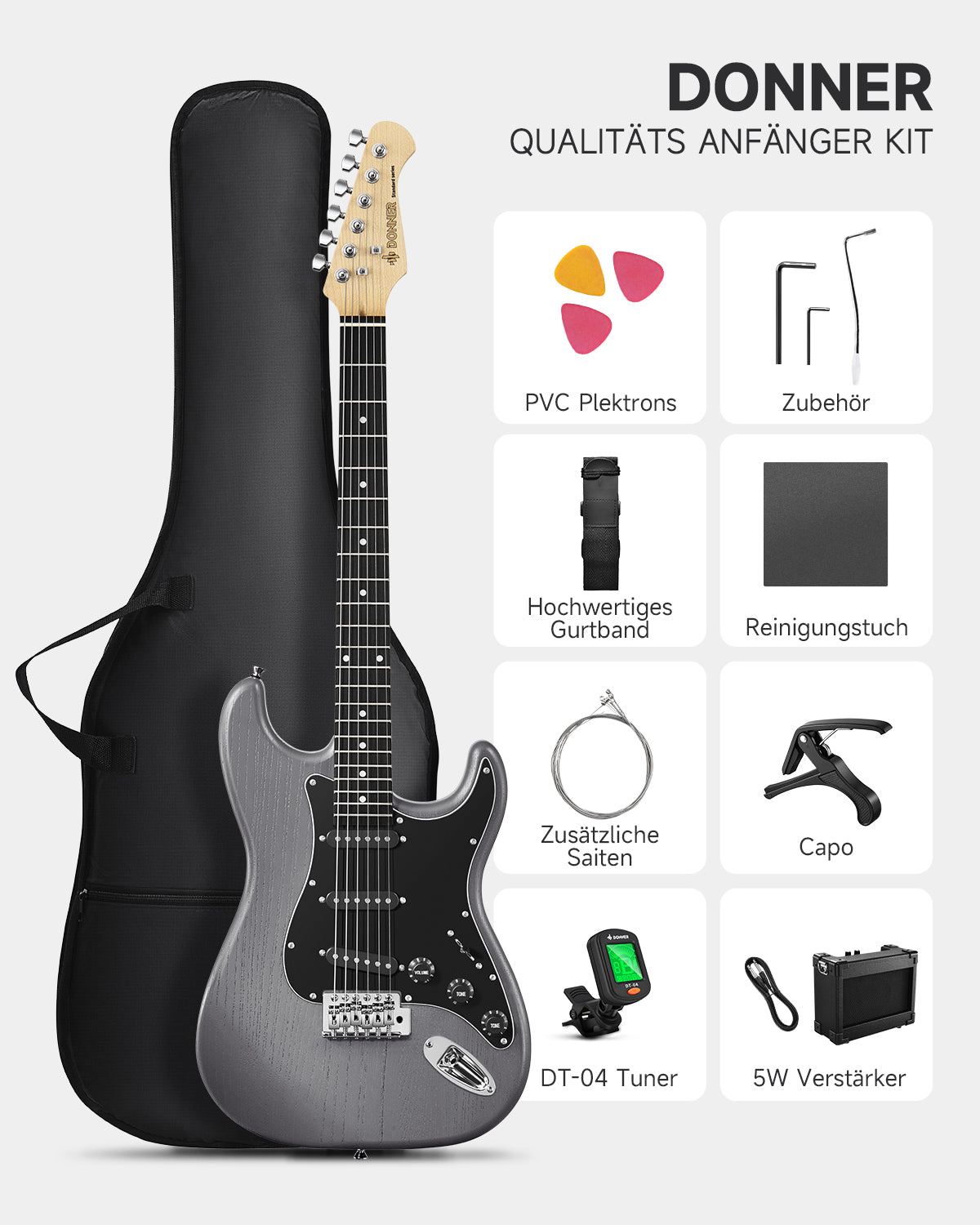 Donner DST-80 39 Zoll mattiertes ST-E-Gitarren-Kit mit Verstärker