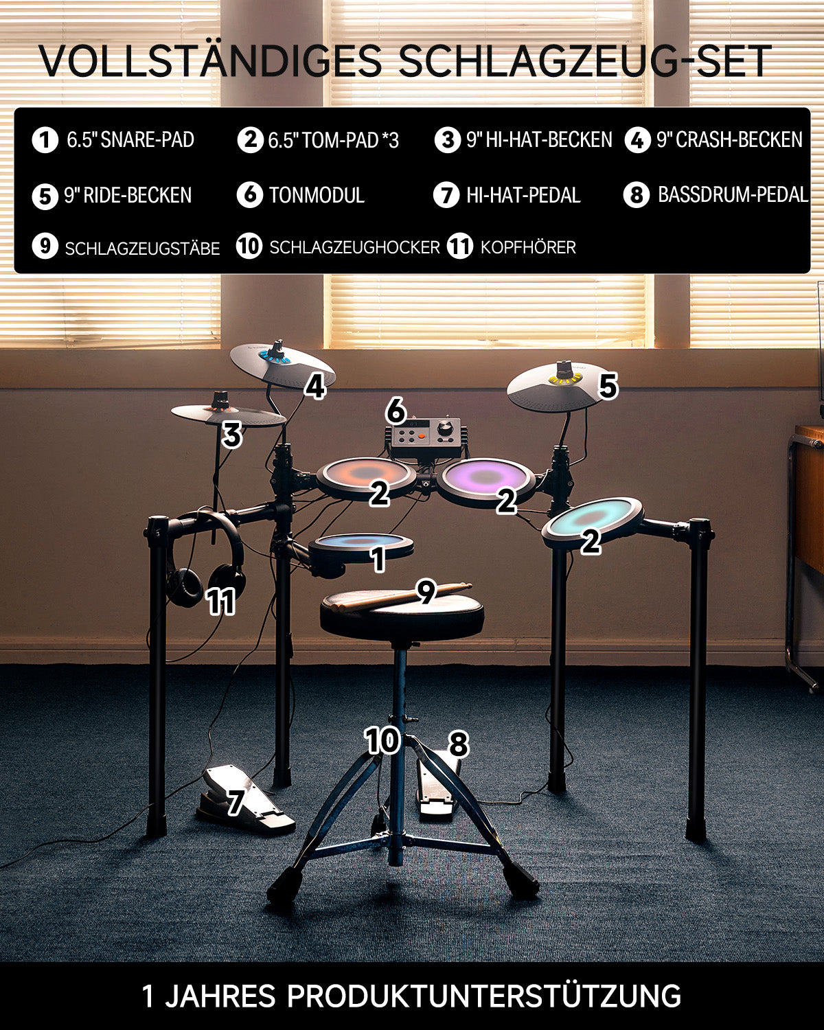 Donner DED-70L Elektronisches Schlagzeug mit LED-Licht