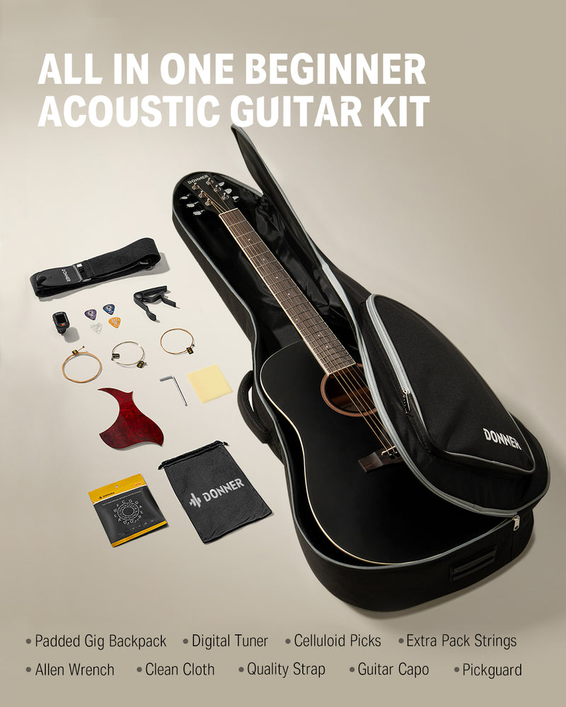 Donner DAG-1CB  Akustikgitarre Set in voller Größe Akustik Gitarre 4/4 Cutaway Anfänger Erwachsene 41 Zoll (Schwarz）