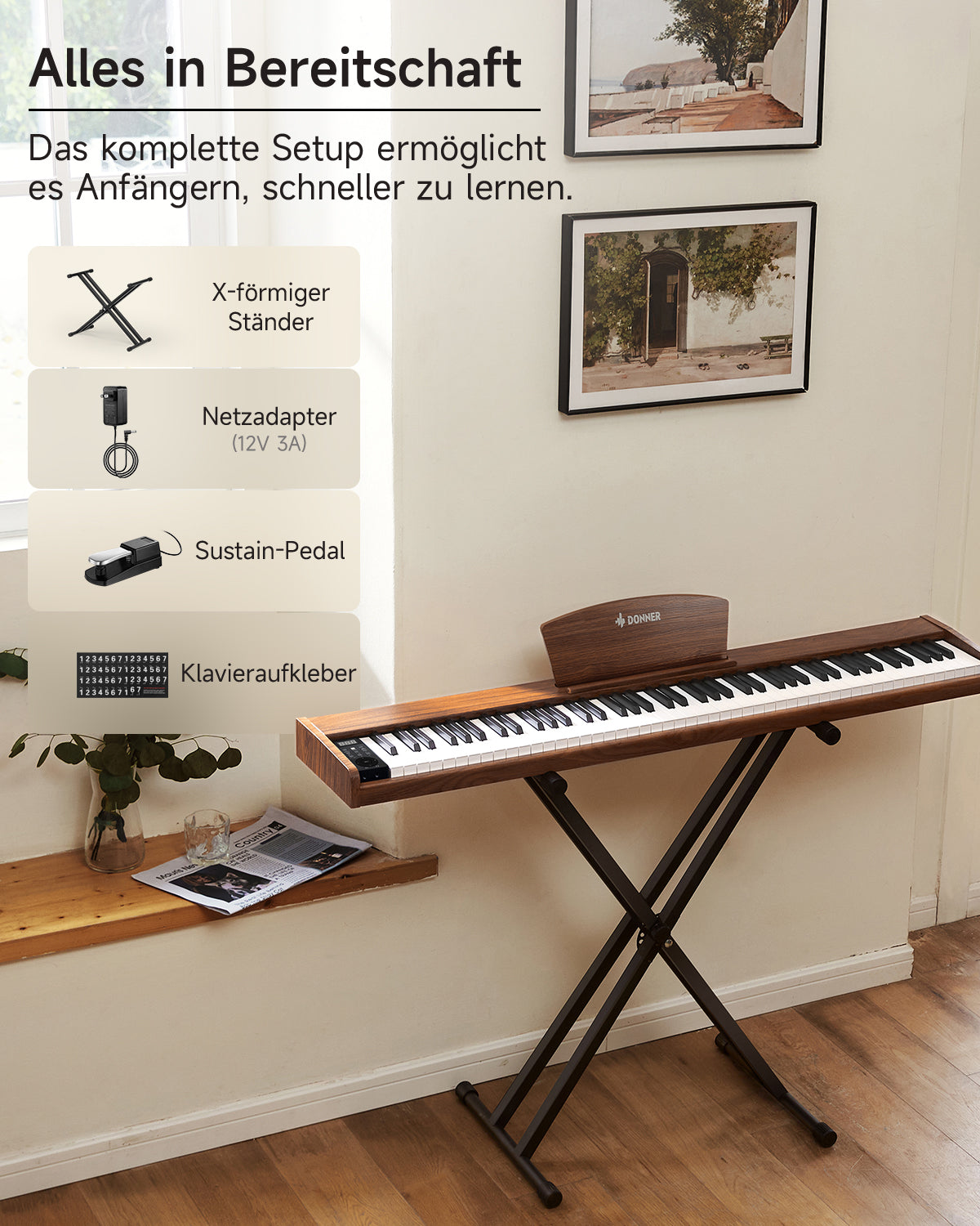 Donner DEP-1S Tastatur im Holzstil Digitalpiano-Antikbraun##