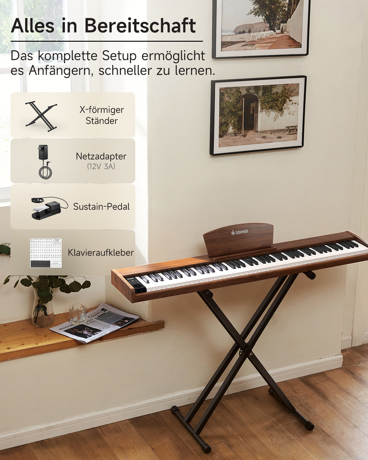 Donner DEP-1S Tastatur im Holzstil Digitalpiano-Antikbraun##