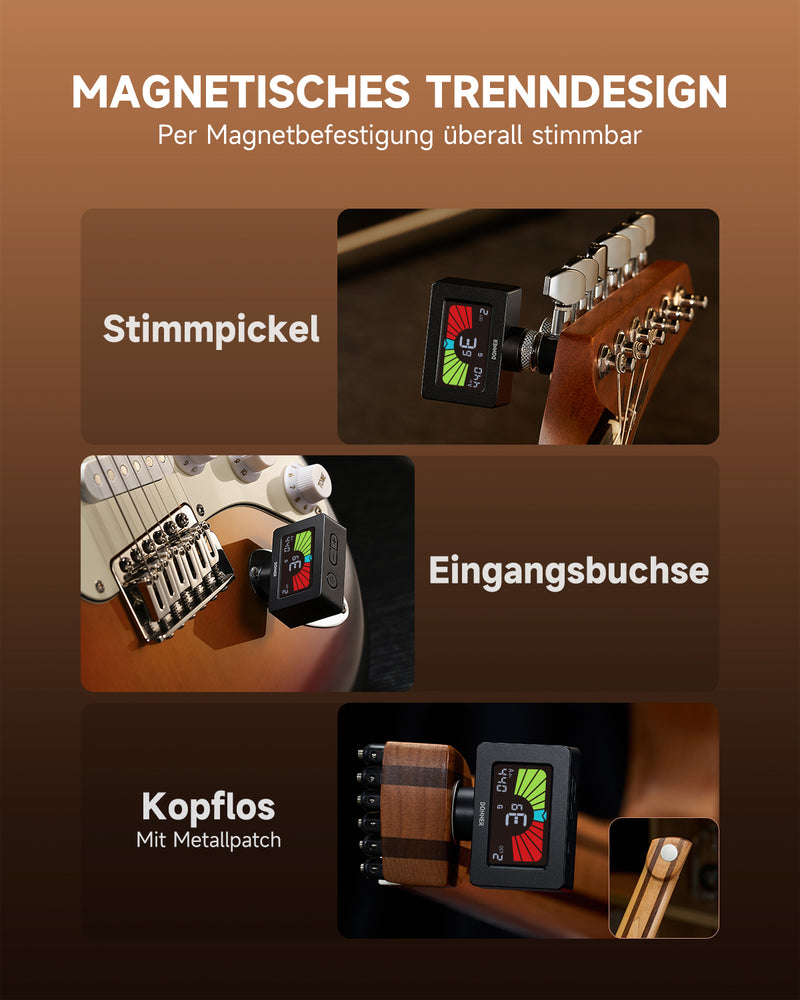 Donner Stimmgerät Gitarre Clip-On Magnetischer Gitarrentuner mit Farb-LCD-Display für Akustik-/E-Gitarre, Ukulele, Bass, Violine, Banjo, Tuning DT-10 – Schwarz