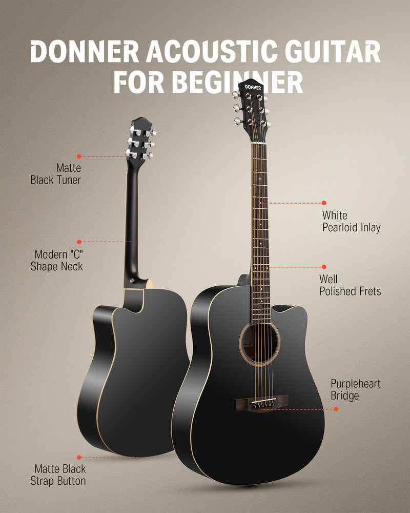 Donner DAG-1CB  Akustikgitarre Set in voller Größe Akustik Gitarre 4/4 Cutaway Anfänger Erwachsene 41 Zoll (Schwarz）