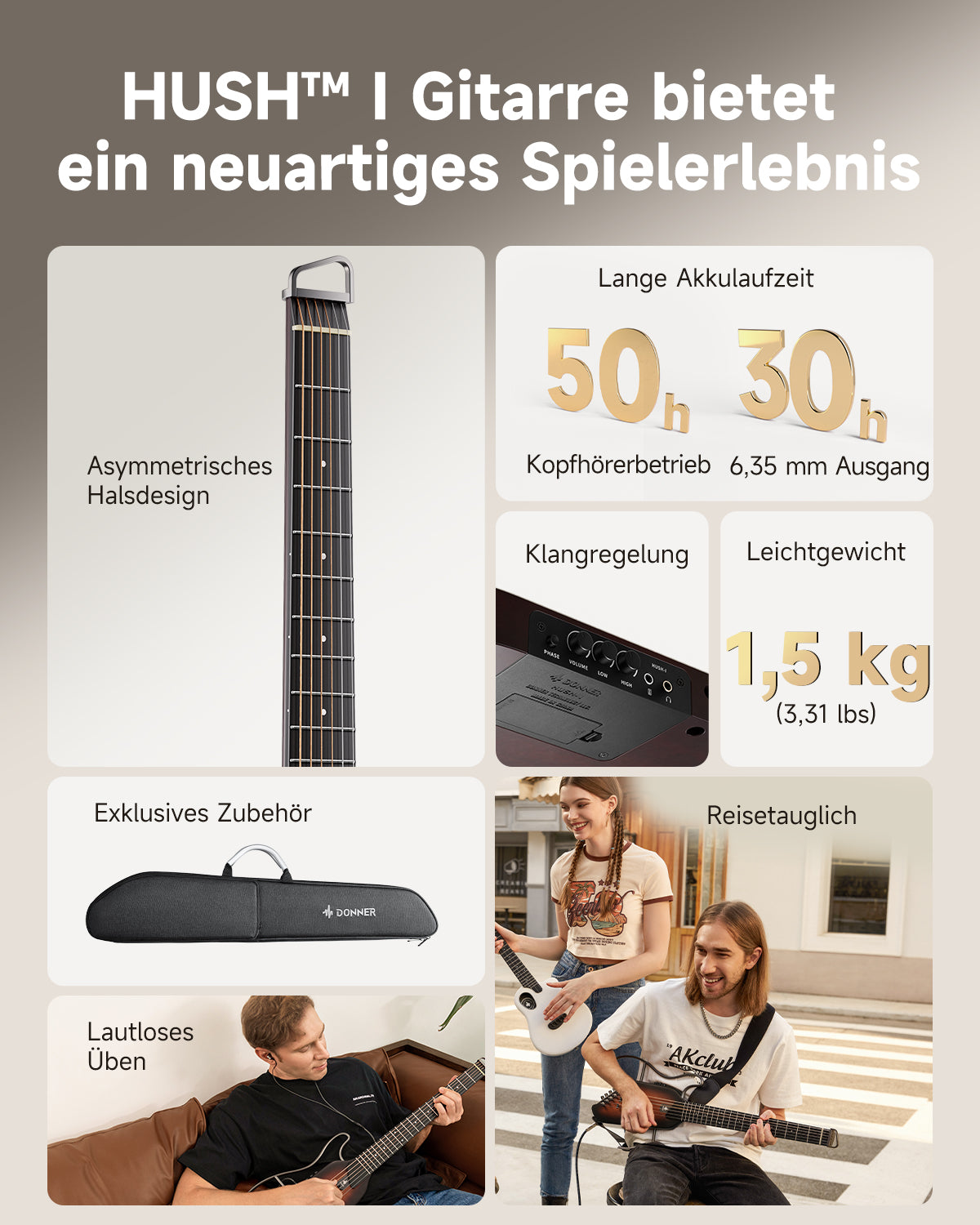 【Offene Kiste】Donner HUSH™ I Ultraleicht Unterwegs Reisegitarre-Sunburst##