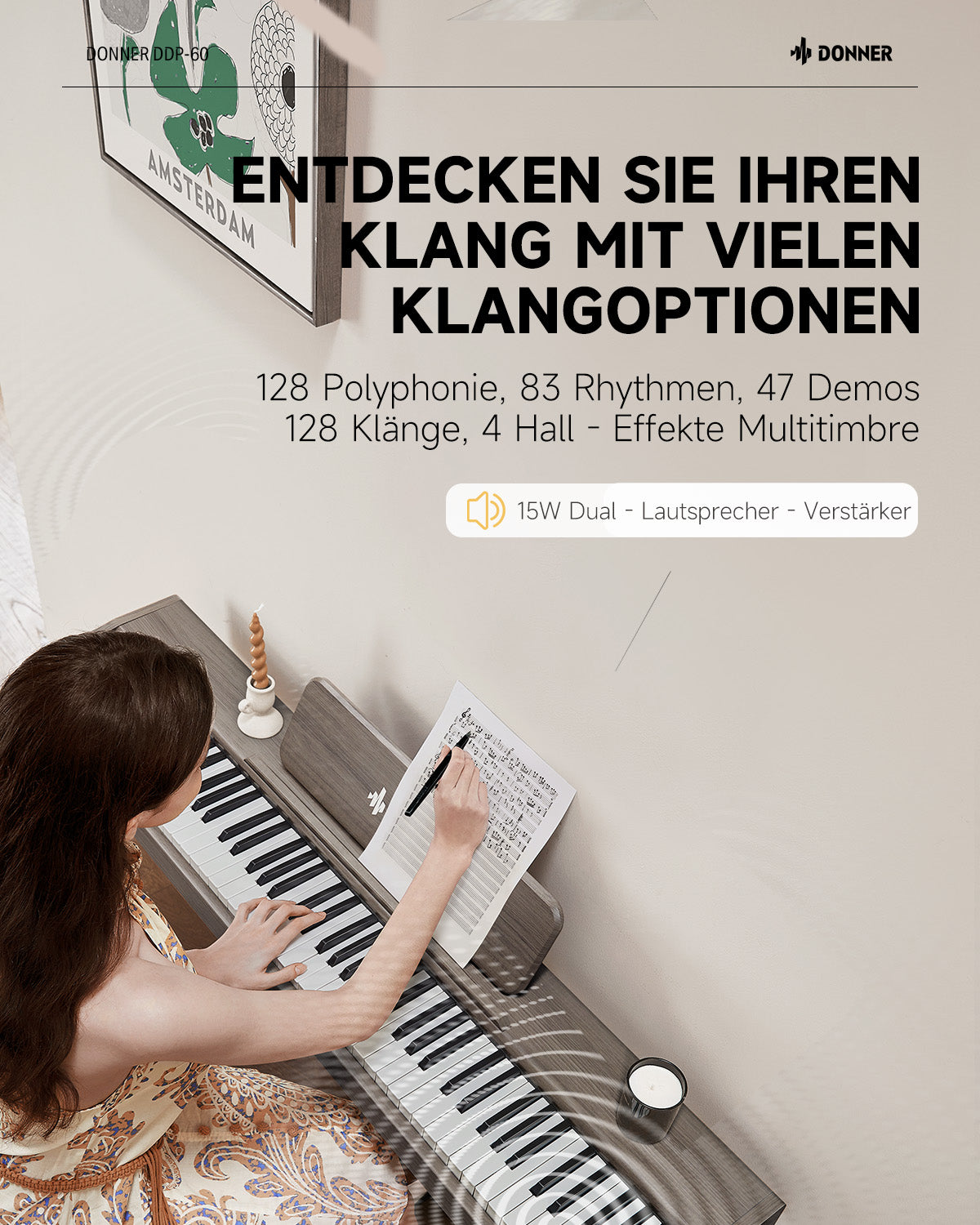 Donner DDP-60 Halbgewichtet Digital Piano-Grau-Braun##