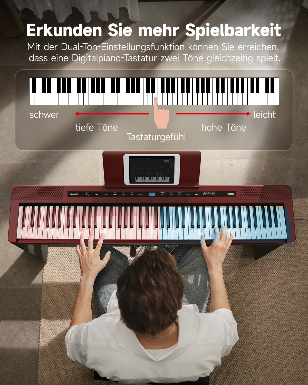 Donner DEP-16S Tragbares Digitalpiano mit Holzständer_Rot
