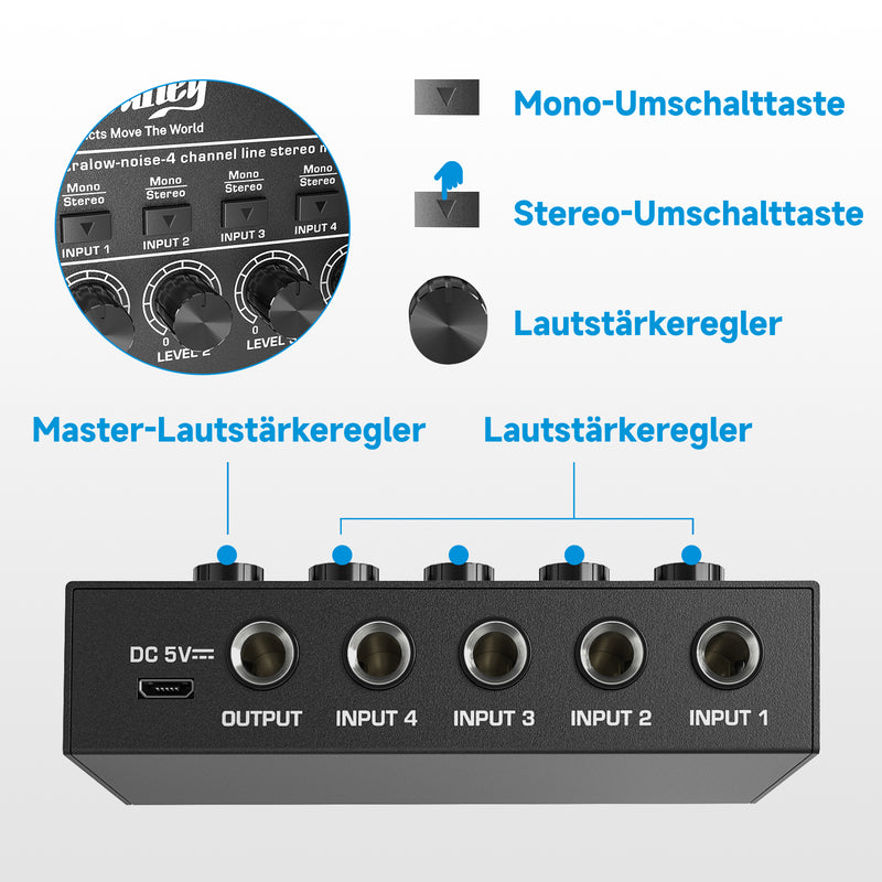 Moukey Kompaktes Studio Audio Stereo Mischpult, 4 Kanäle für Clubs, Bars, Bühnen, Mischpult, Gitarre, Bass, Keyboard, MAMX1