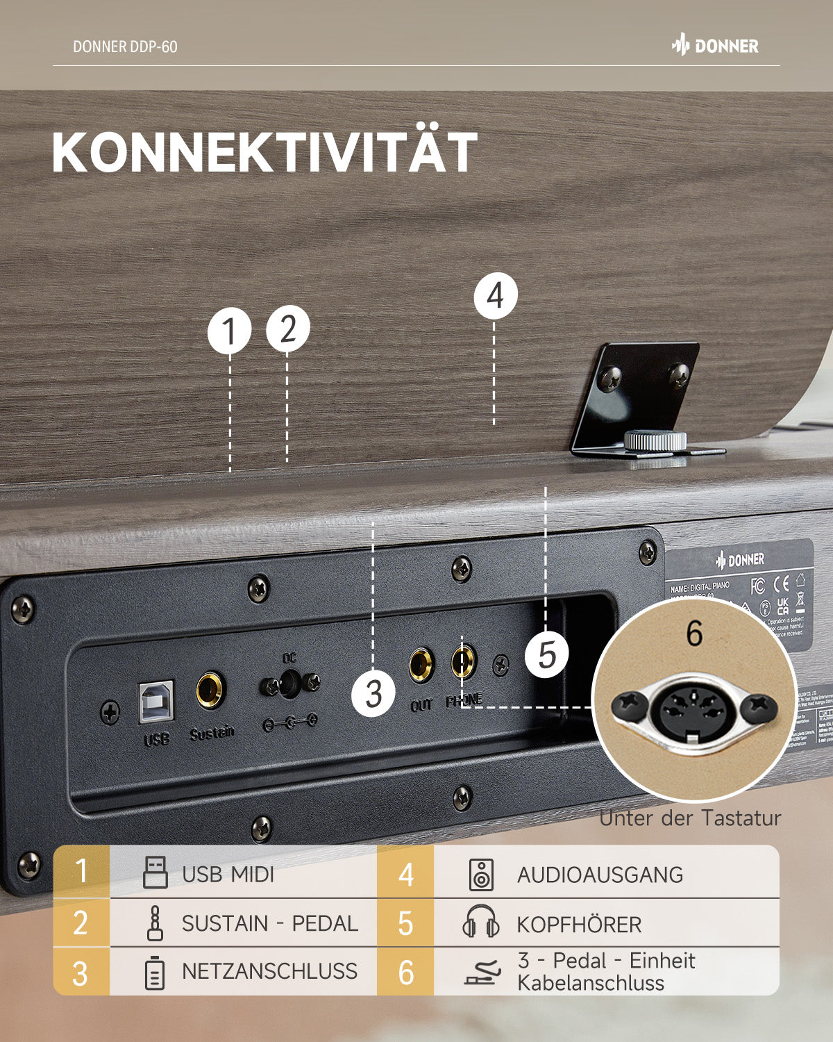 Donner DDP-60 Halbgewichtet Digital Piano-Grau-Braun##