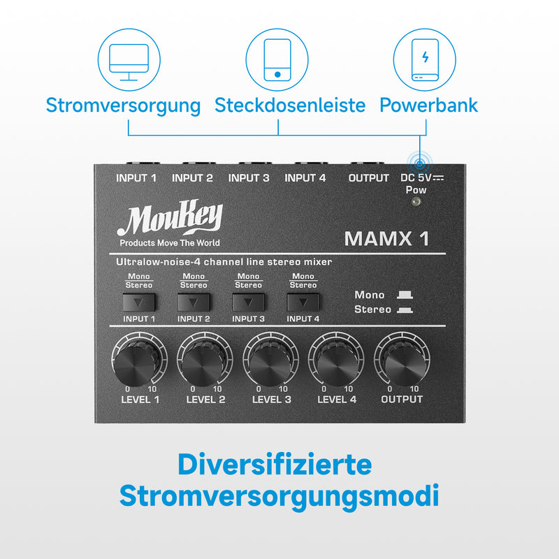 Moukey Kompaktes Studio Audio Stereo Mischpult, 4 Kanäle für Clubs, Bars, Bühnen, Mischpult, Gitarre, Bass, Keyboard, MAMX1