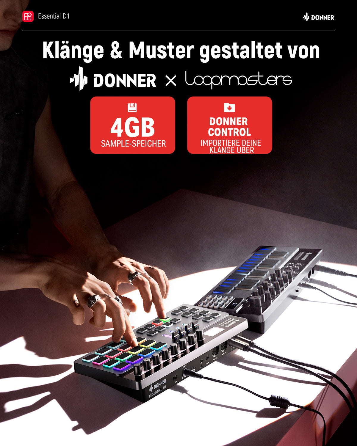 Donner Essential D1 Beat Machine Drumcomputer Tragbare elektronische Drum Maschine mit Effekten