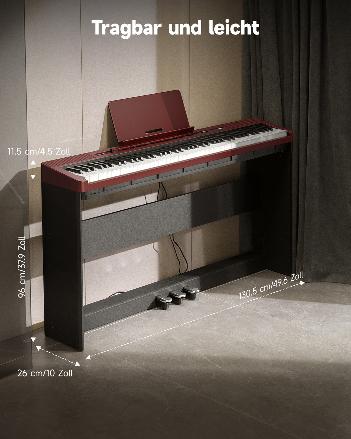 Donner DEP-16S Tragbares Digitalpiano mit Holzständer_Rot
