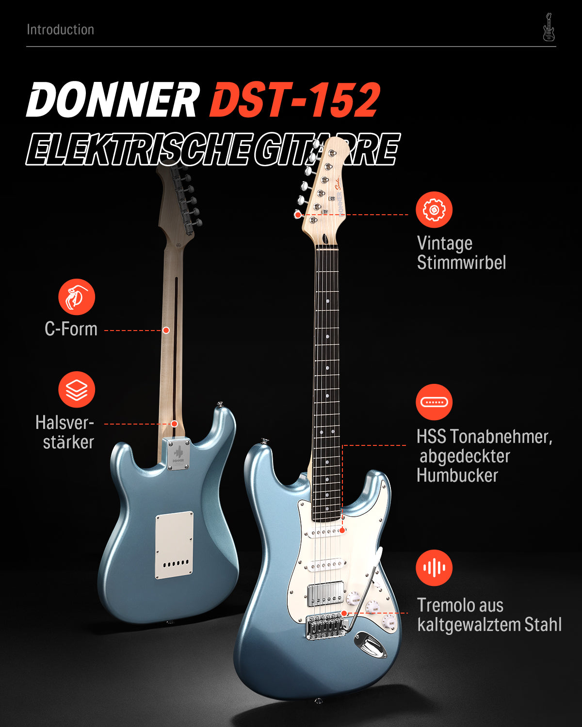 Donner DST-152 HSS-Pickup E-Gitarre-DST-152R##