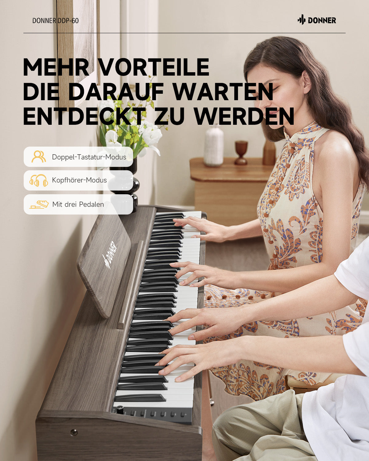 Donner DDP-60 Halbgewichtet Digital Piano-Grau-Braun##