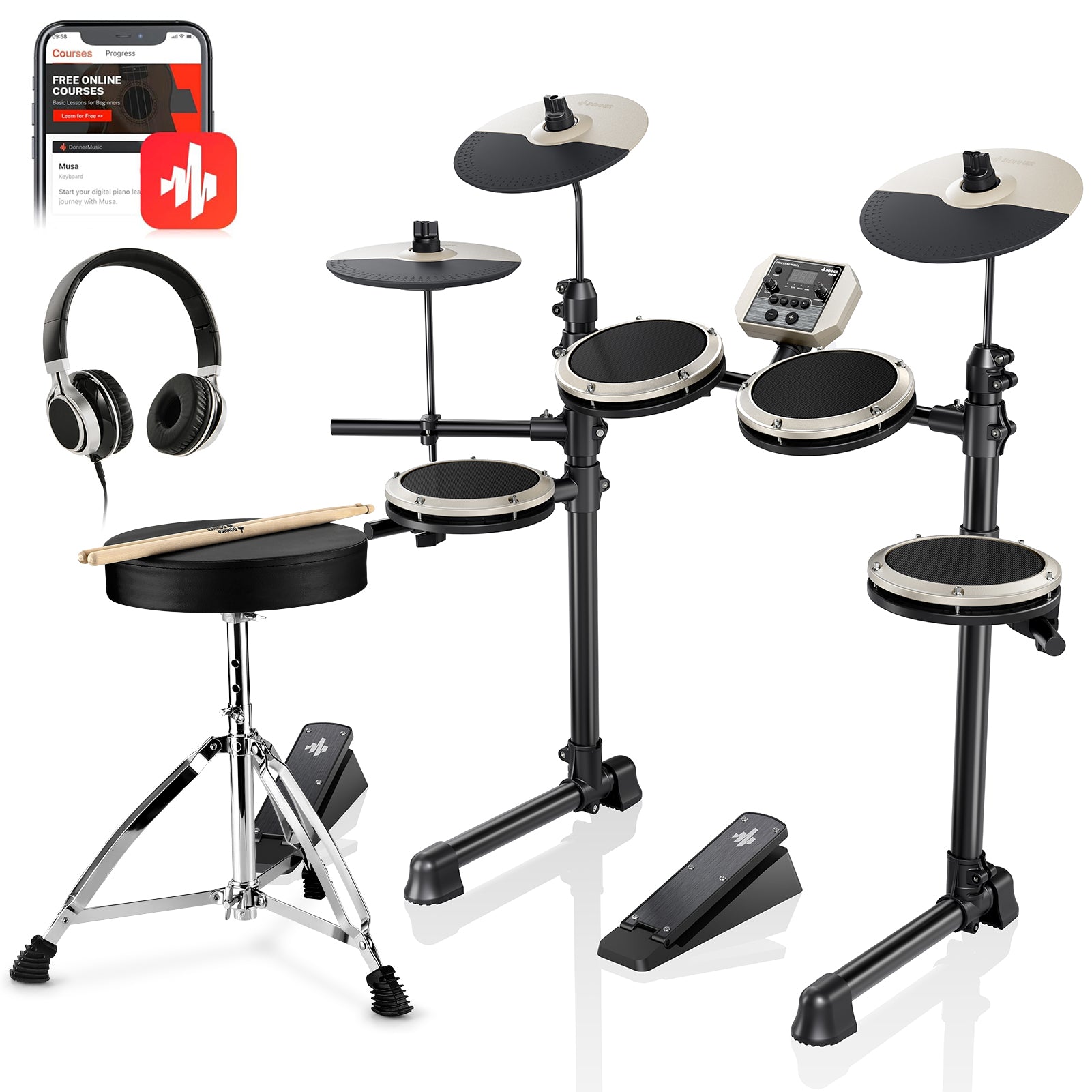 Donner DED-80 5 Drum 3 Cymbal E-Drum Set Weiß