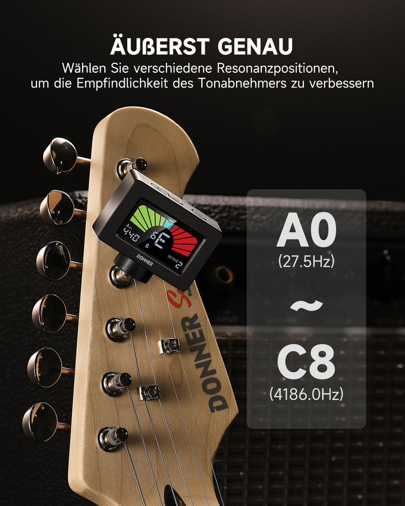 Donner Stimmgerät Gitarre Clip-On Magnetischer Gitarrentuner mit Farb-LCD-Display für Akustik-/E-Gitarre, Ukulele, Bass, Violine, Banjo, Tuning DT-10 – Schwarz