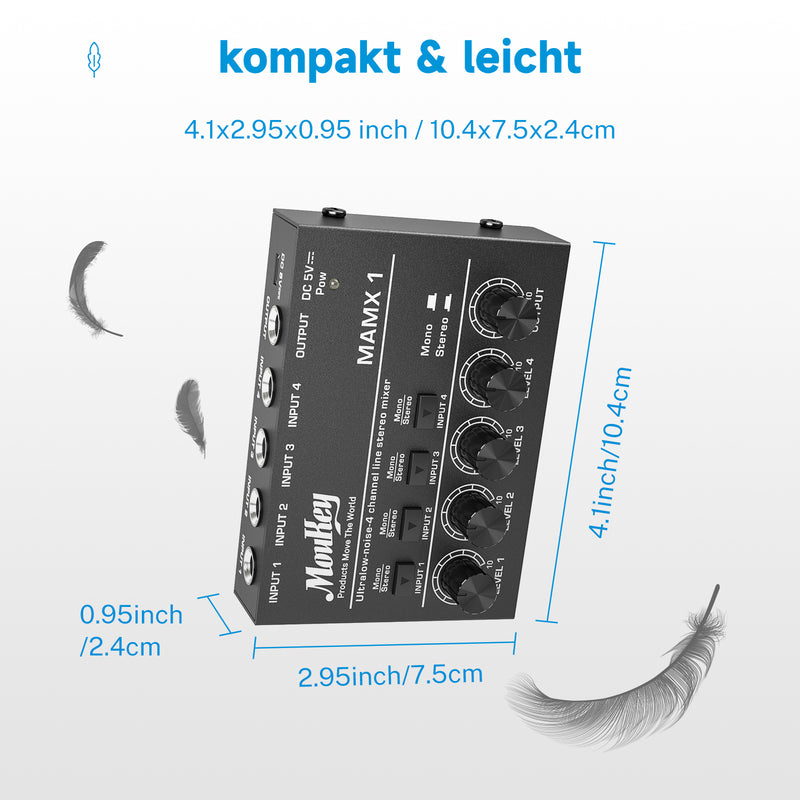 Moukey Kompaktes Studio Audio Stereo Mischpult, 4 Kanäle für Clubs, Bars, Bühnen, Mischpult, Gitarre, Bass, Keyboard, MAMX1