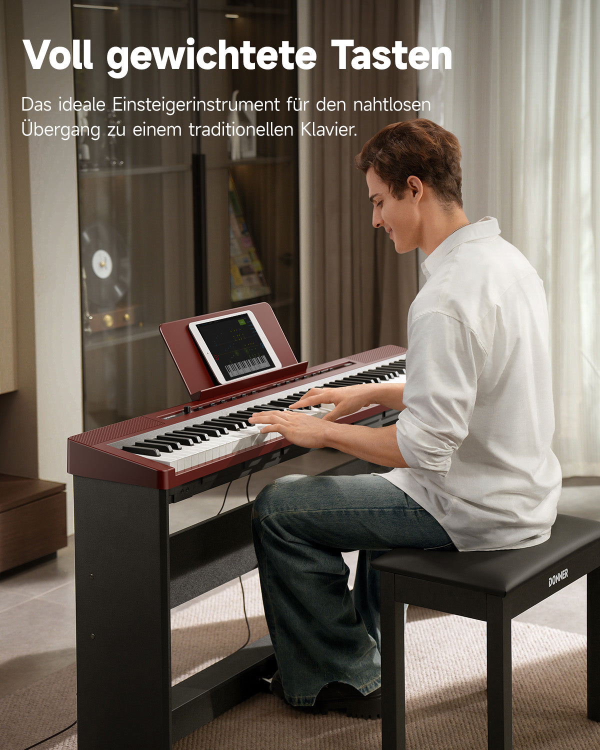 Donner DEP-16S Tragbares Digitalpiano mit Holzständer_Rot
