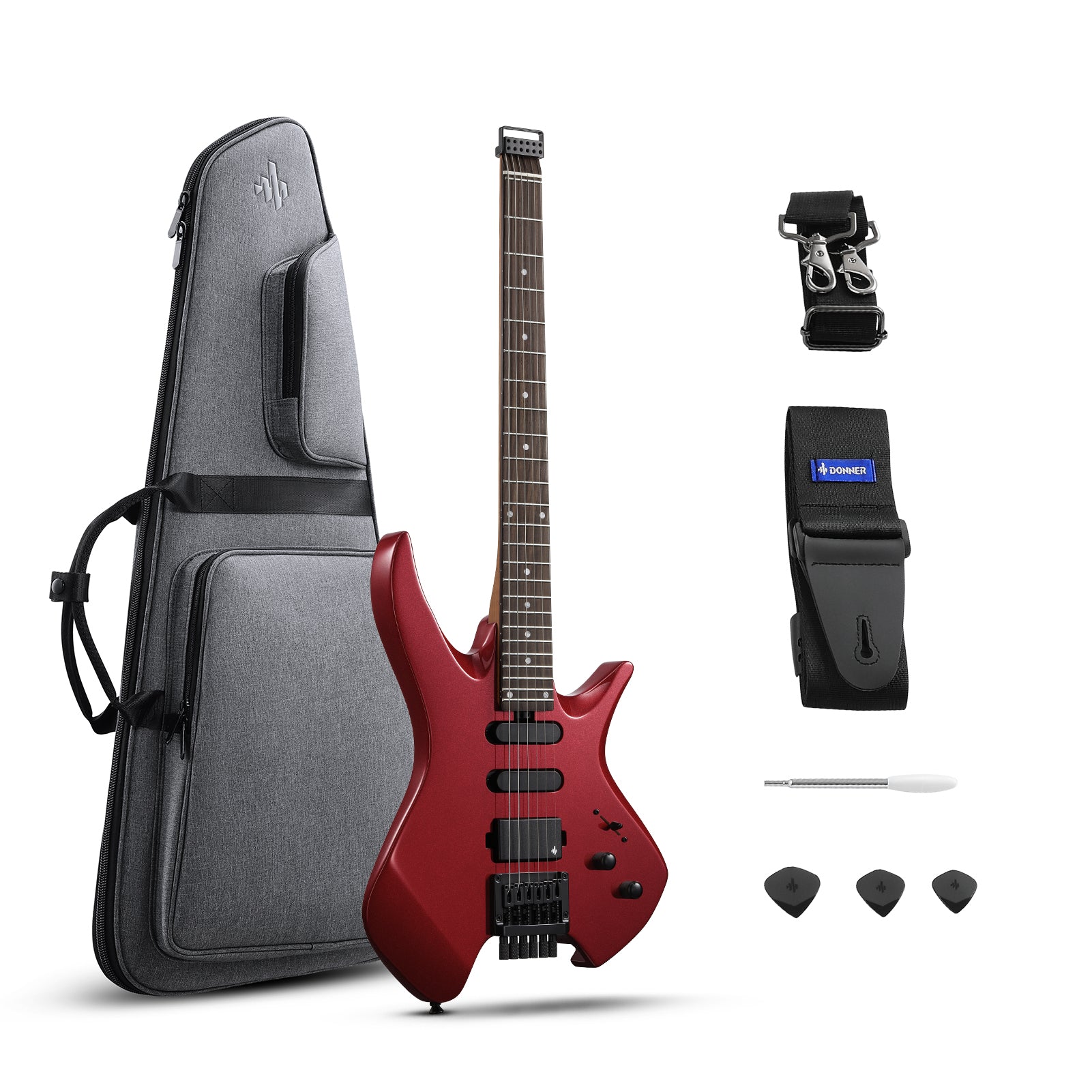 Donner HLX-500 Headless E-Gitarre-Metallic Red##
