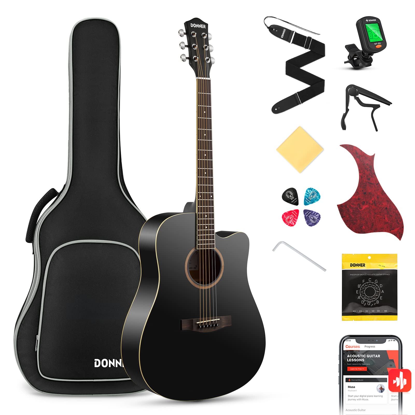 Donner DAG-1CB  Akustikgitarre Set in voller Größe Akustik Gitarre 4/4 Cutaway Anfänger Erwachsene 41 Zoll (Schwarz）