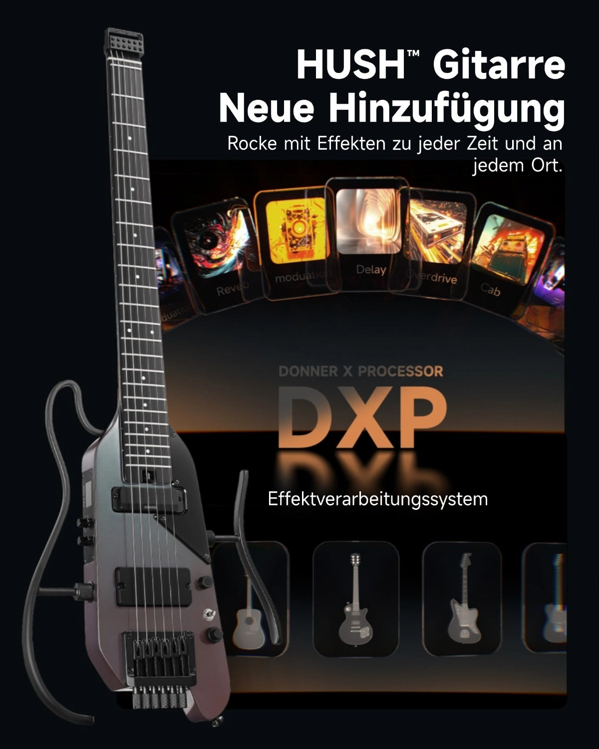 Donner HUSH-X Pro コンパクトエレキギター HUSH-X PRO スマート ヘッドレス トラベルギター 多彩プリセット Donner