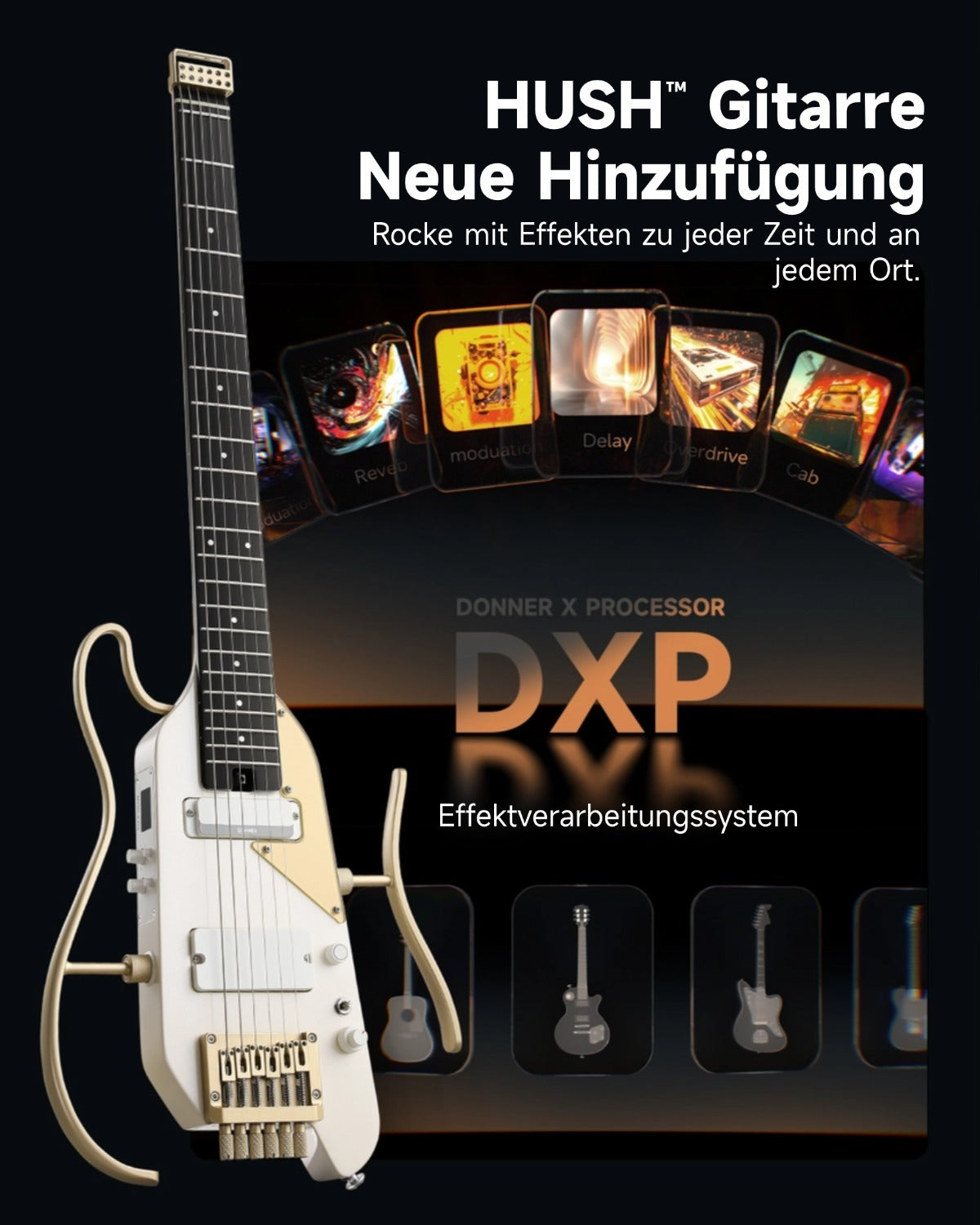 Donner HUSH™ X PRO Multi-Effekt-E-Gitarre-Weiß-Gold##