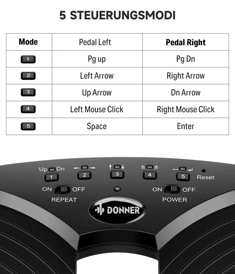 Donner Wireless Page Turner Pedal, wiederaufladbare Musik Page Turner Fußpedal für Tablets Telefon, Schwarz