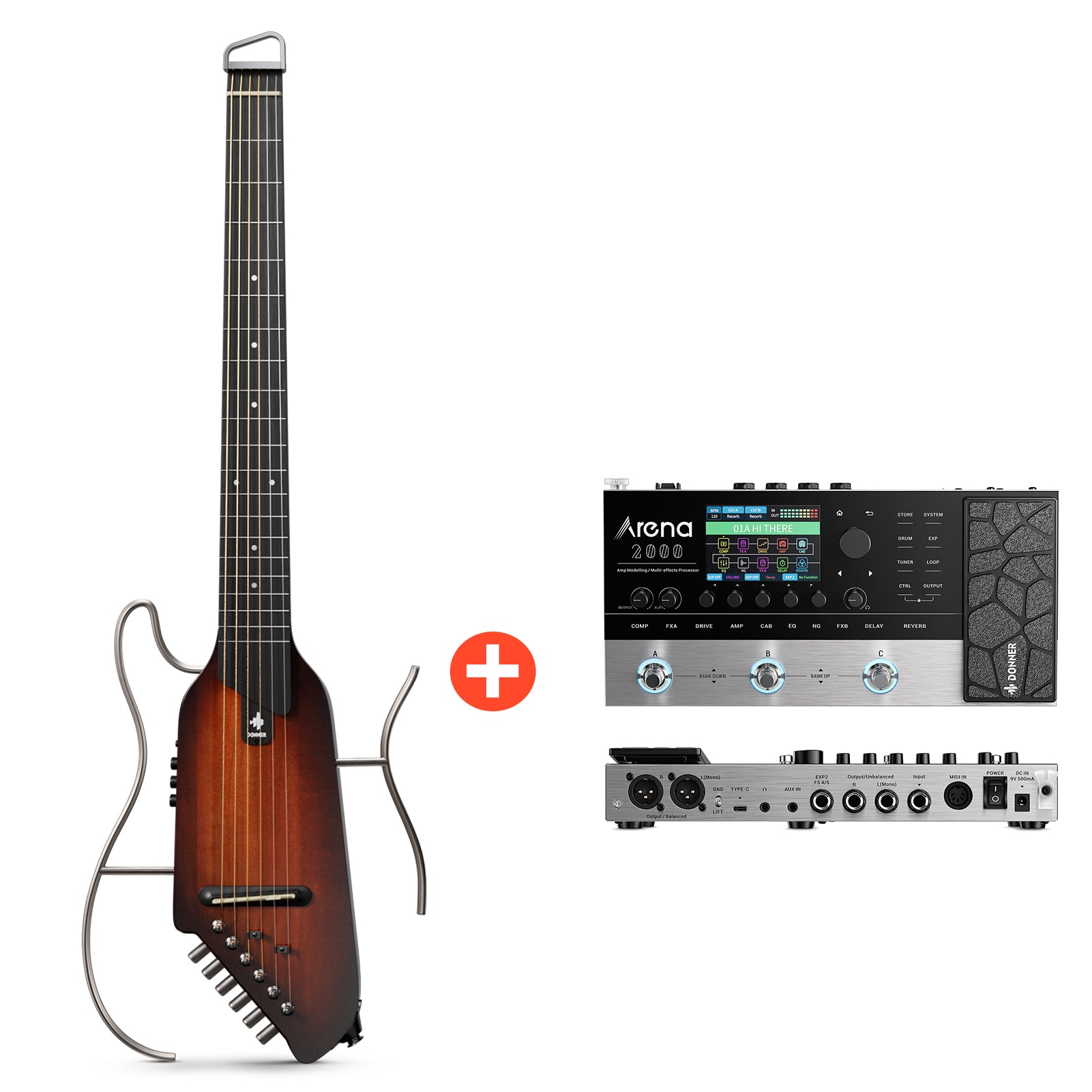 Donner HUSH™ I Ultraleicht Unterwegs Reisegitarre-Sunburst##