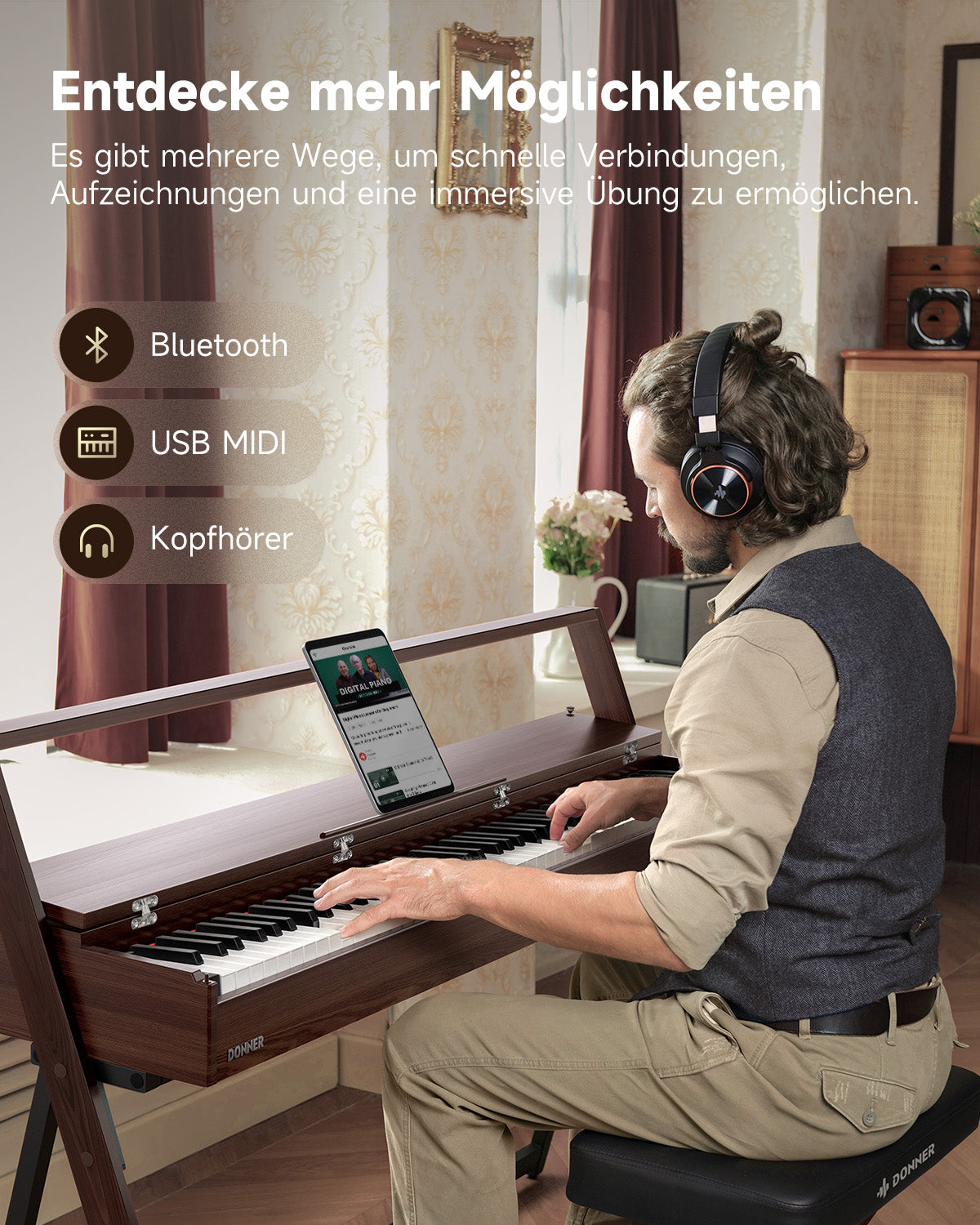 DONNER OURA™ R300 88-Tasten-Digitalpiano für zu Hause-Grau-Braun##