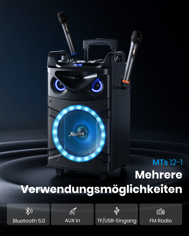 Moukey MTs12-1 Karaoke Maschine Bluetooth Lautsprecher Tragbares mit 2 drahtlosen Mikrofonen