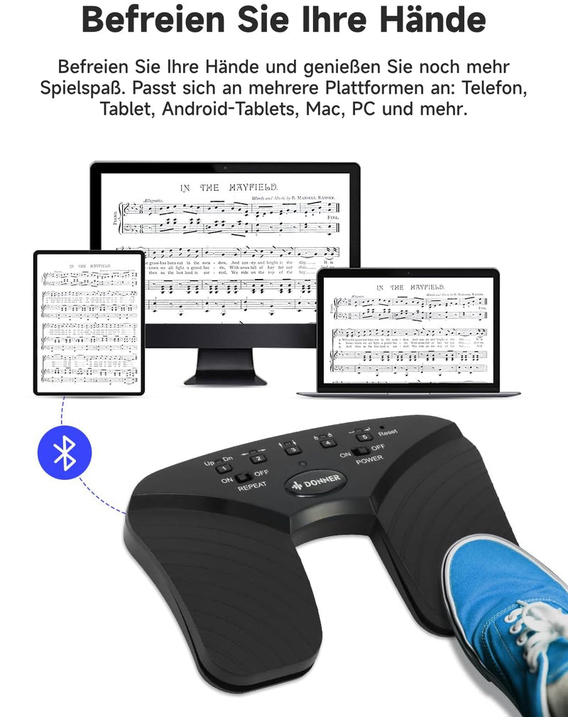 Donner Wireless Page Turner Pedal, wiederaufladbare Musik Page Turner Fußpedal für Tablets Telefon, Schwarz