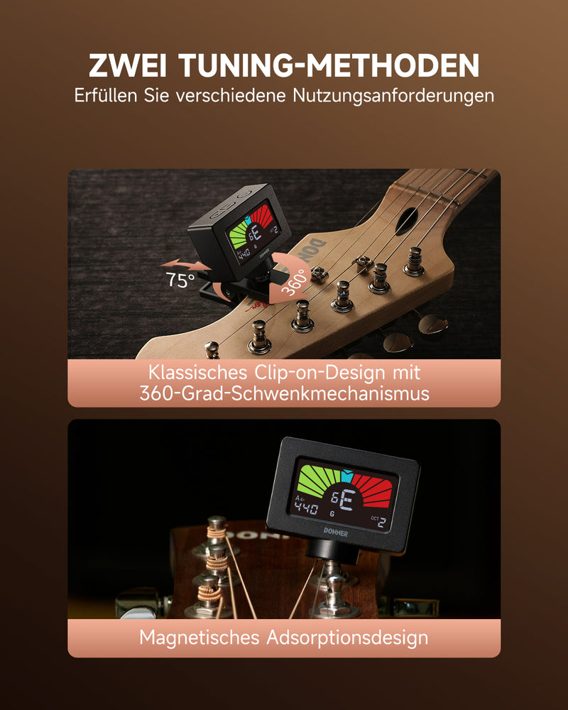 Donner Stimmgerät Gitarre Clip-On Magnetischer Gitarrentuner mit Farb-LCD-Display für Akustik-/E-Gitarre, Ukulele, Bass, Violine, Banjo, Tuning DT-10 – Schwarz