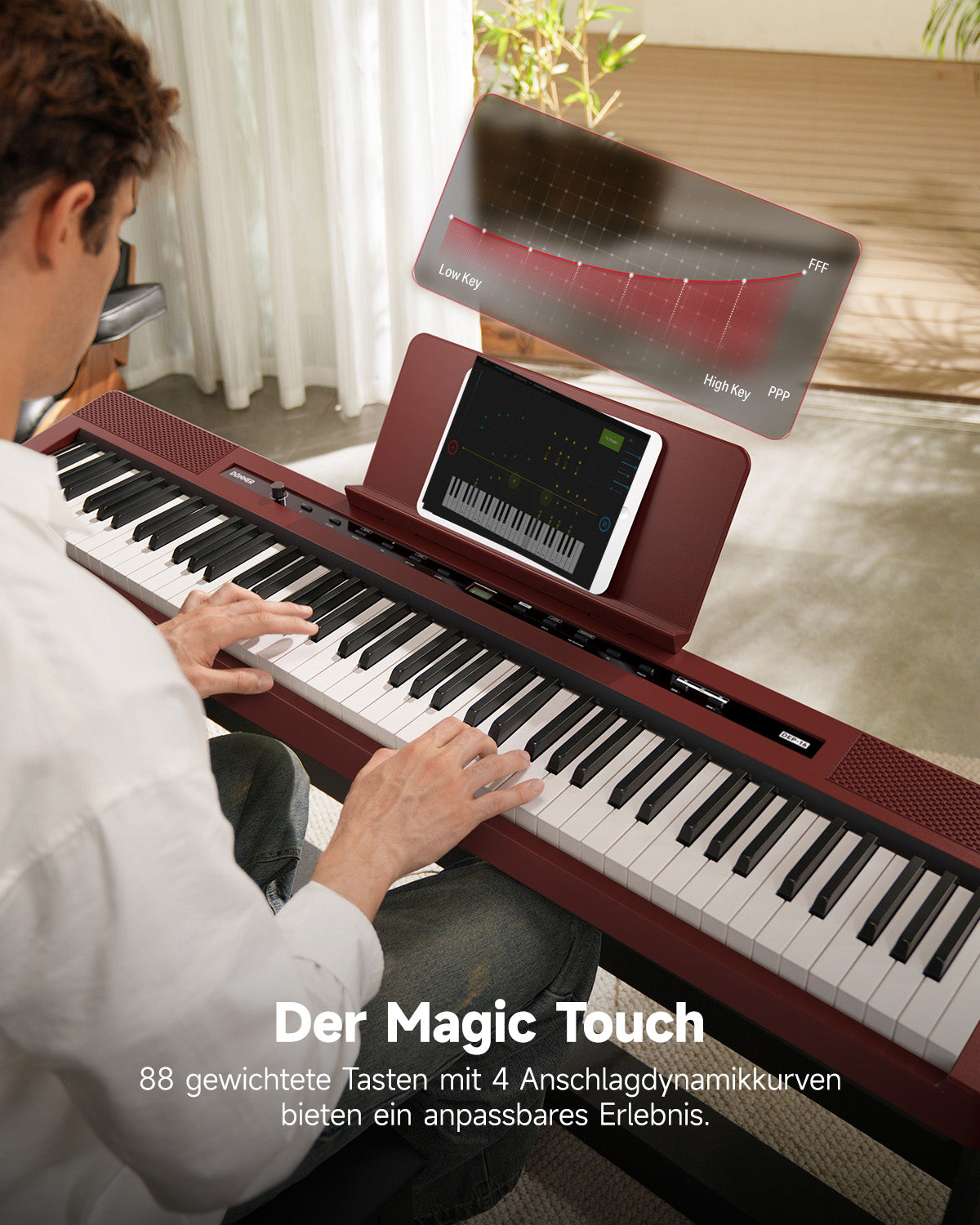 Donner DEP-16S Tragbares Digitalpiano mit Holzständer_Rot