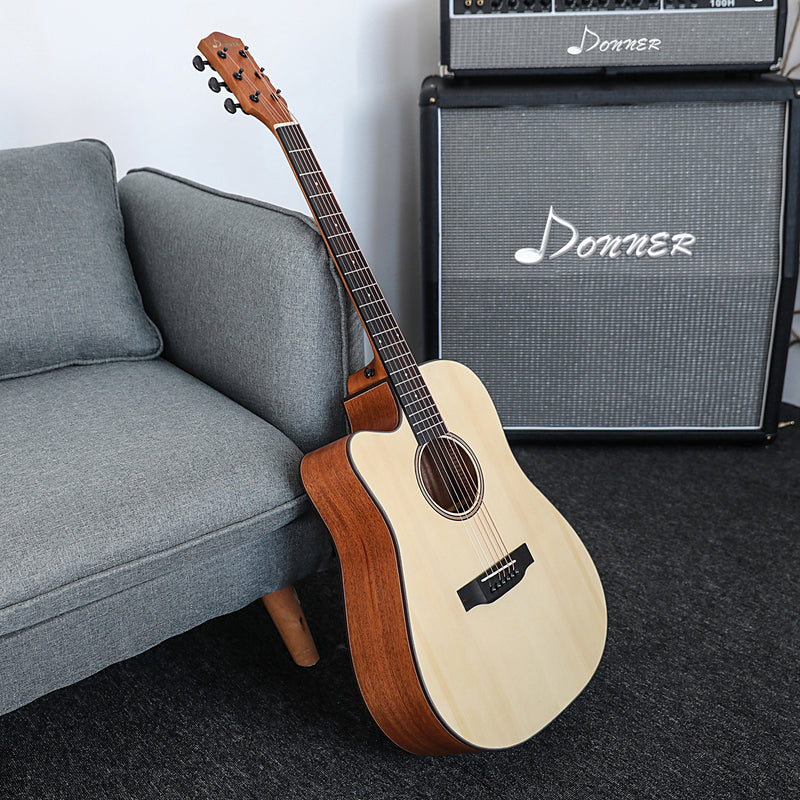 Donner DAG-1CL Linkshänder Akustik Gitarre 4/4 voller Größe Akustikgitarre Set Cutaway Anfänger Gitarren 41 Zoll Erwachsene Guitar mit Capo Plektren Gurt Saiten (Natur) - Donner music- DE